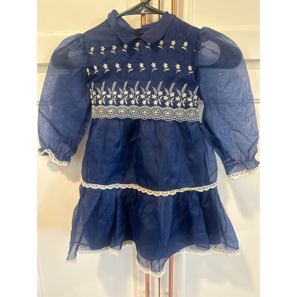 Vintage Montgomery Ward Girls Navy Blue Organza Embroidered Lace Party Dress